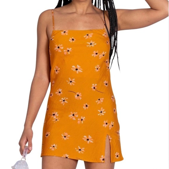 Polly Dresses & Skirts - Polly Mustard Yellow Floral Mini Slip Dress Square Neck Adjustable Straps Size 6